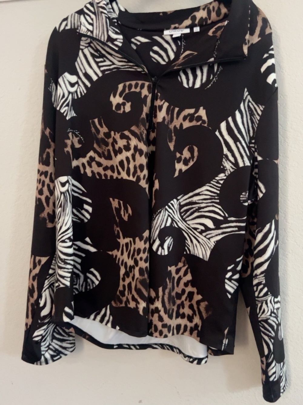 Chico’s Animal Print Quarter Zip Pullover Size 4 XXL Leopard Zebra
